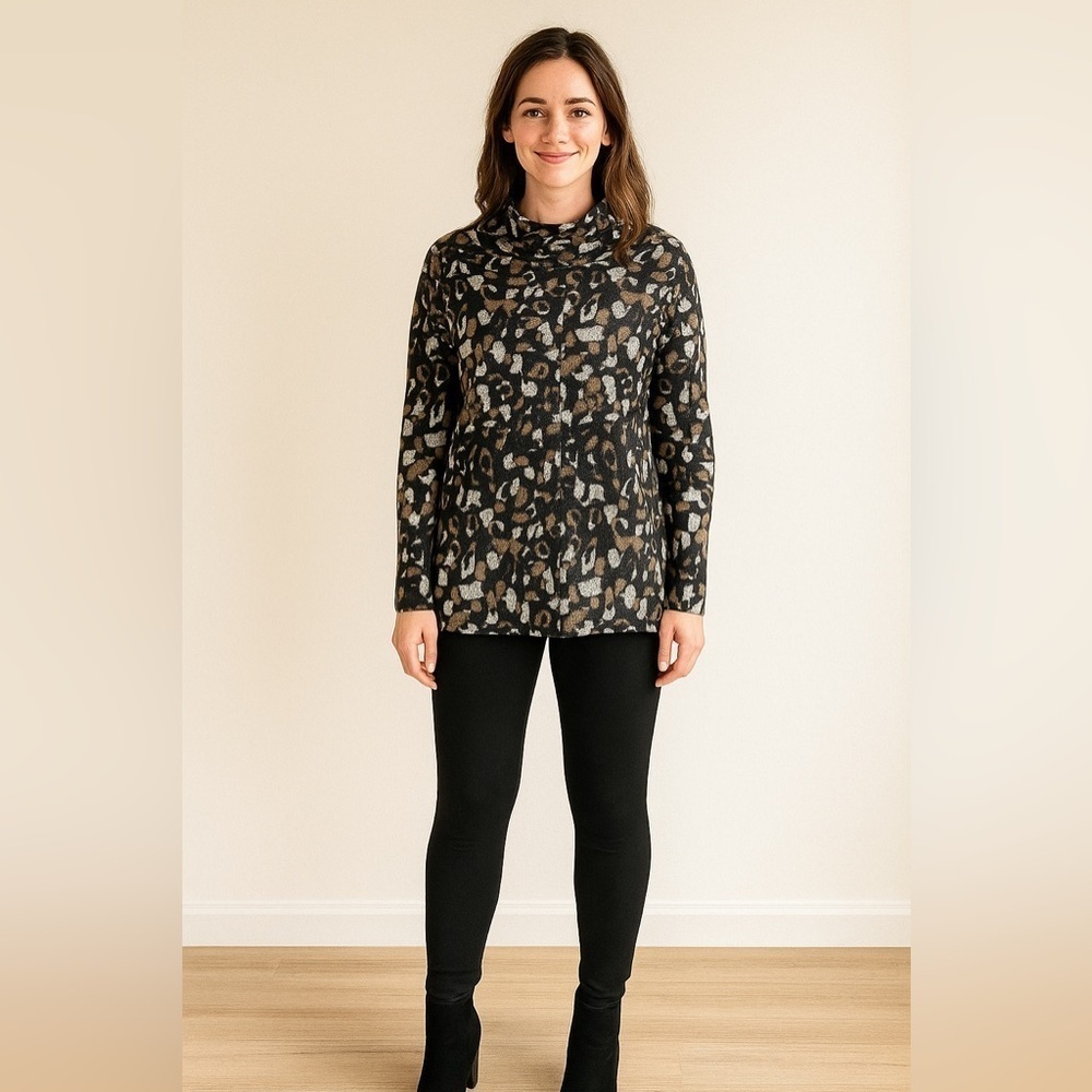 Sympli | Funnel Neck Leopard Abstract Lightweight Sweater Artsy Contemporary